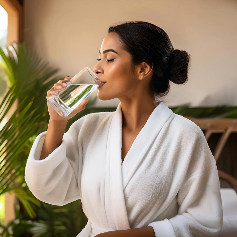 lady drinking water after body sculpting at Novela Solutions